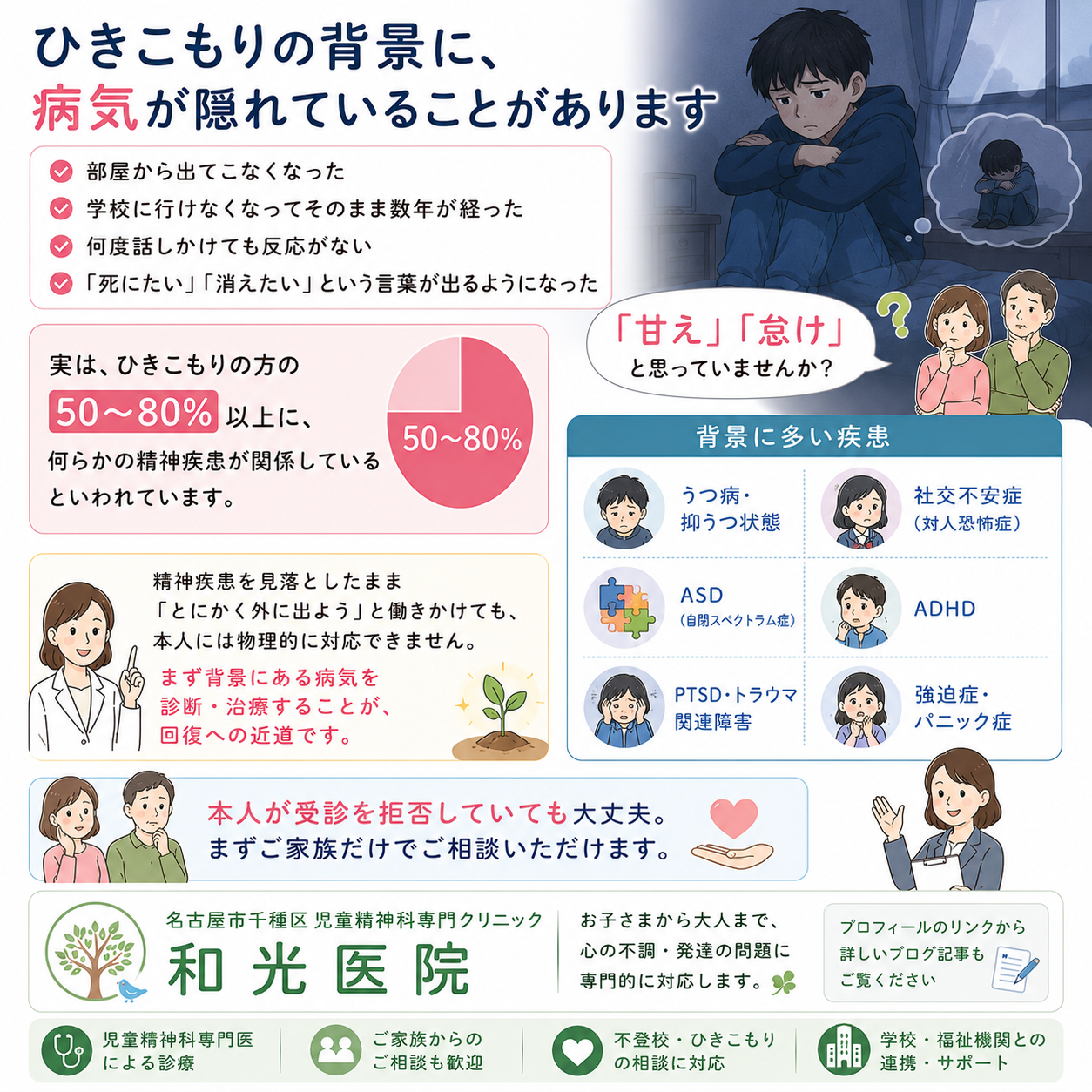 ひきこもりの原因に精神疾患が隠れていることはあるか？背景にある病気・診断・支援を和光医院（名古屋市千種区・児童精神科）が詳しく解説