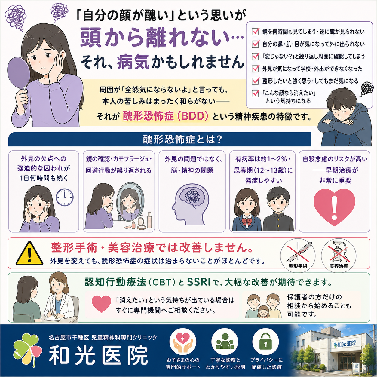 醜形恐怖症（BDD）とは？症状・原因・治療法を児童精神科医が詳しく解説  名古屋市千種区の児童精神科専門クリニック 和光医院