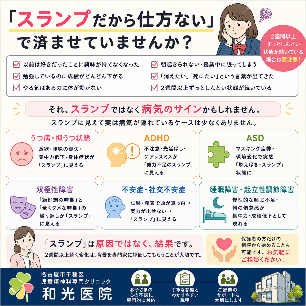 スランプだと思っていたら病気だった？成績低下・意欲低下の裏に隠れた疾患を児童精神科医が解説  名古屋市千種区の児童精神科専門クリニック 和光医院