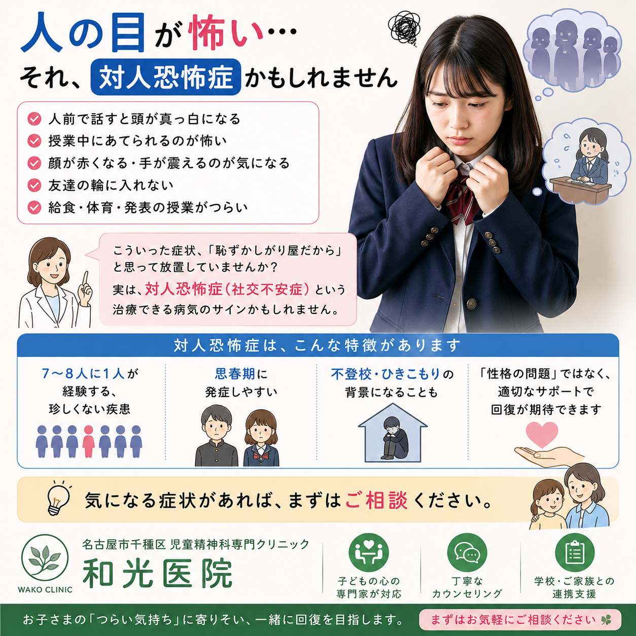 対人恐怖症（社交不安症）とは？症状・原因・治療法を児童精神科医が解説  名古屋市千種区の児童精神科専門クリニック 和光医院
