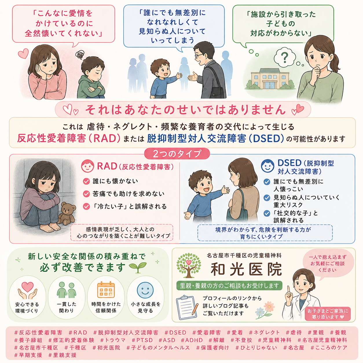 反応性愛着障害（RAD）と脱抑制型対人交流障害（DSED）——虐待・ネグレクトによる愛着の傷と回復支援を和光医院（名古屋市千種区・児童精神科）が詳しく解説