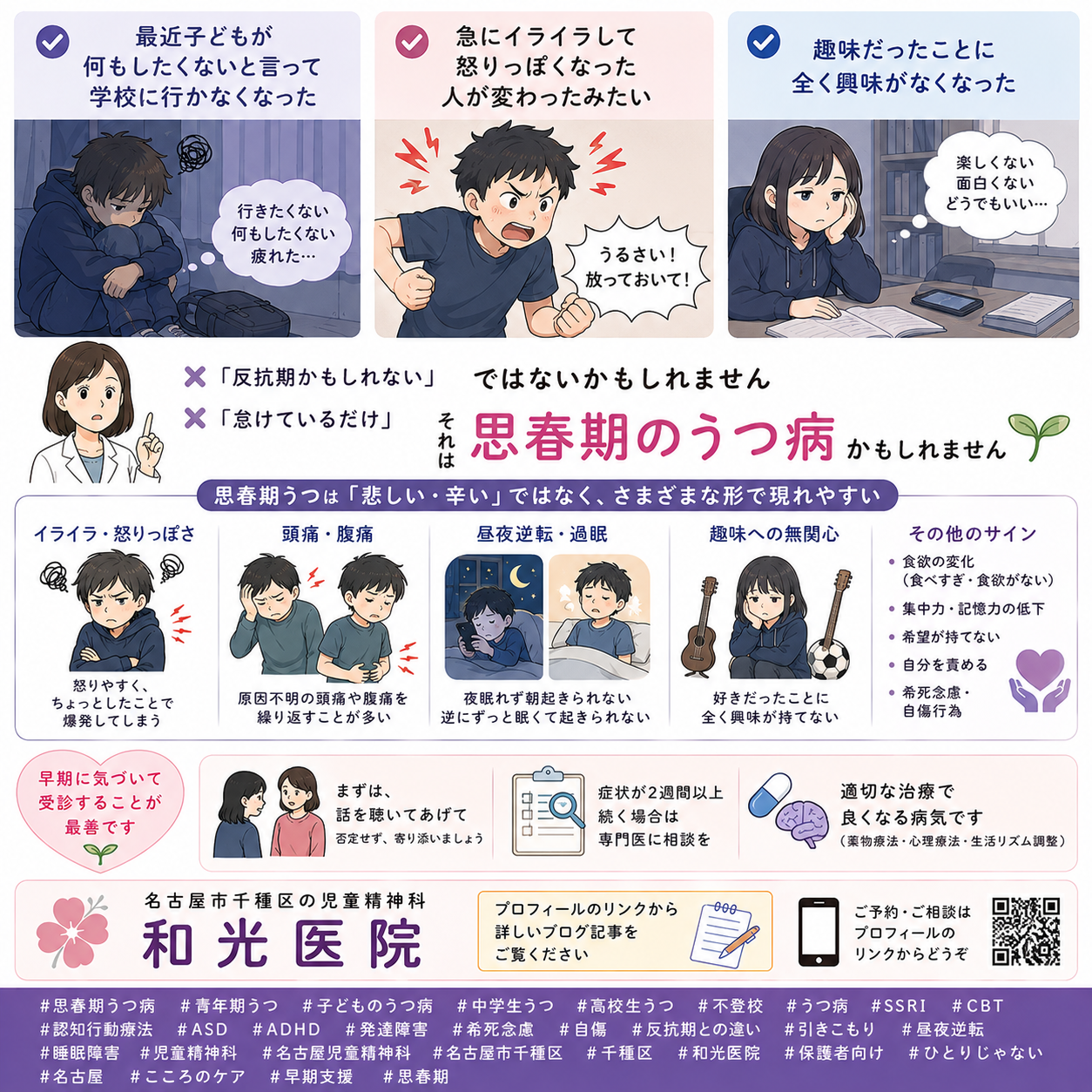 思春期のうつ病（青年期うつ）——中学生・高校生に多いうつ病の特徴・サイン・治療（CBT・SSRI）を和光医院（名古屋市千種区・児童精神科）が詳しく解説