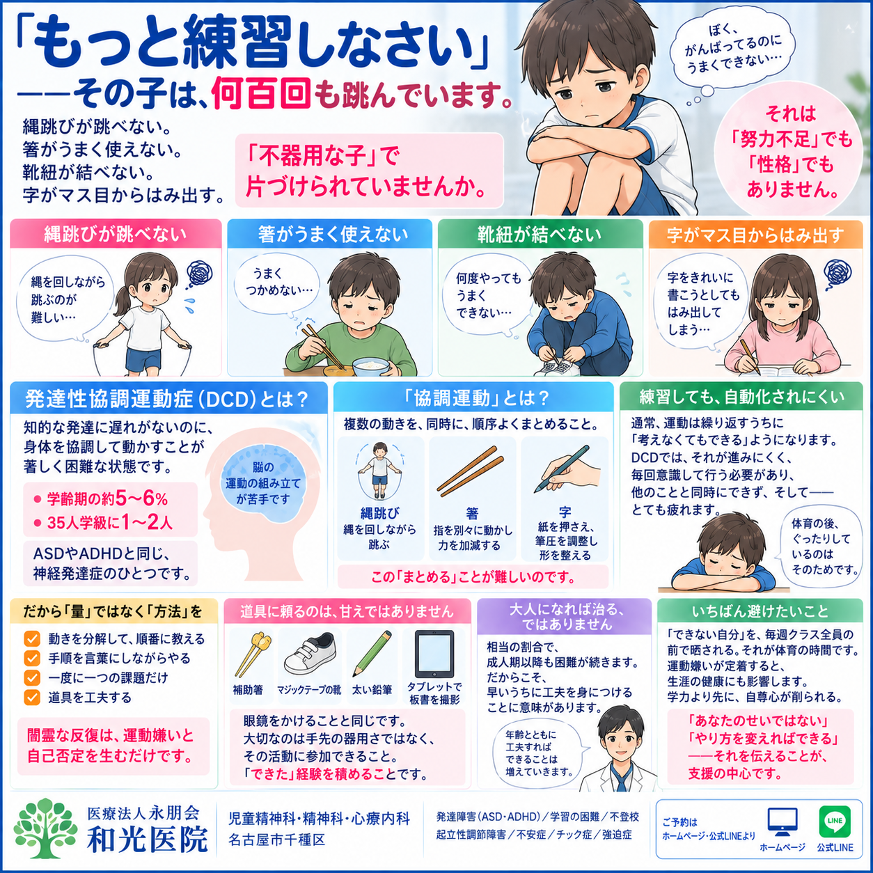 発達性協調運動症（DCD）——「ただの不器用」ではありません。縄跳び・箸・字が書けない背景と支援を名古屋市千種区の児童精神科・和光医院が詳しく解説