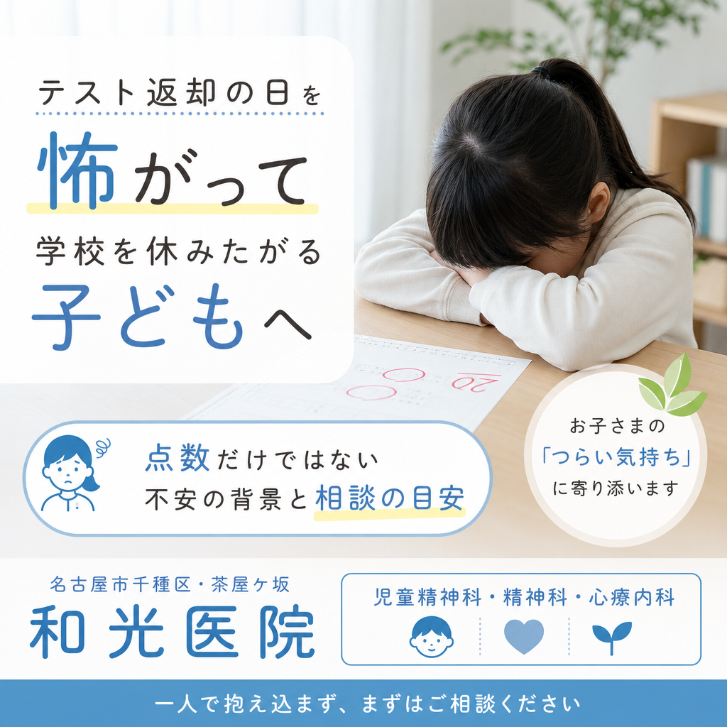テスト返却への不安と学校生活の相談をイメージした、机上の答案用紙とノート